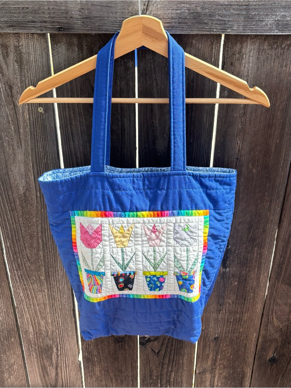 Handmade Quilted Flowerpot Tulips Tote Bag Pillow Purple Rainbow